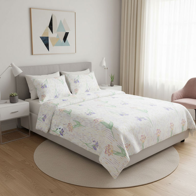 Bettgarnitur Duvet Satin Blau mit helle Farbe Blume