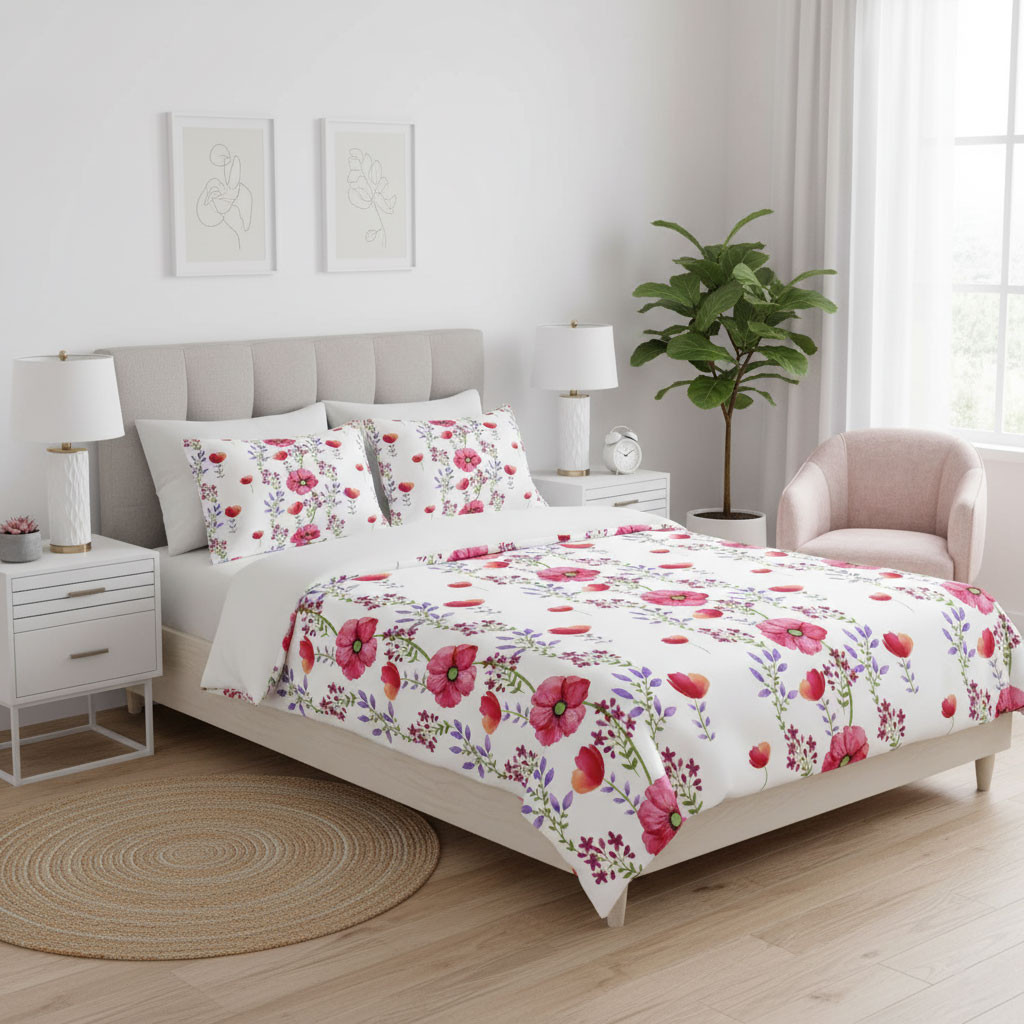 Bettgarnitur Duvet Satin Blau mit rote Bluten und violette Blatter