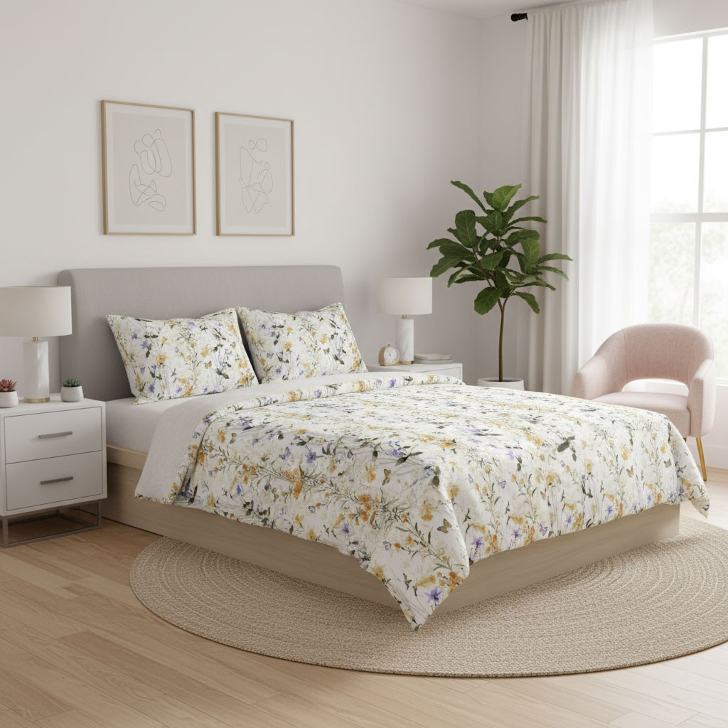 Bettgarnitur Duvet Satin Blau mit gelbe und violette Blume