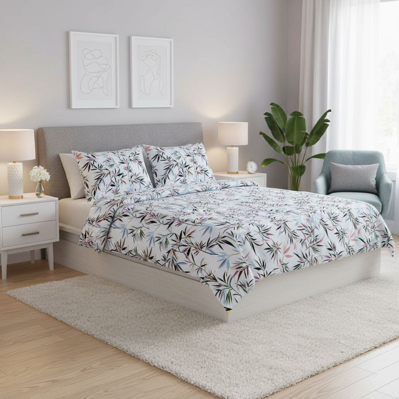Bettgarnitur Duvet Satin Blau mit dunne Blatter