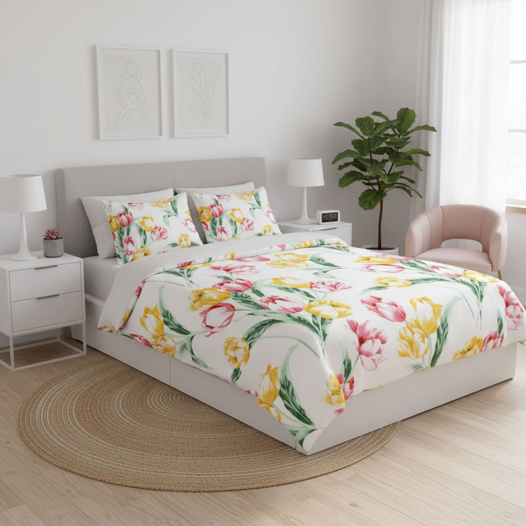 Bettgarnitur Duvet Satin Blau mit rote und gelbe Tulpenblüte - Der Test wird nicht real sein