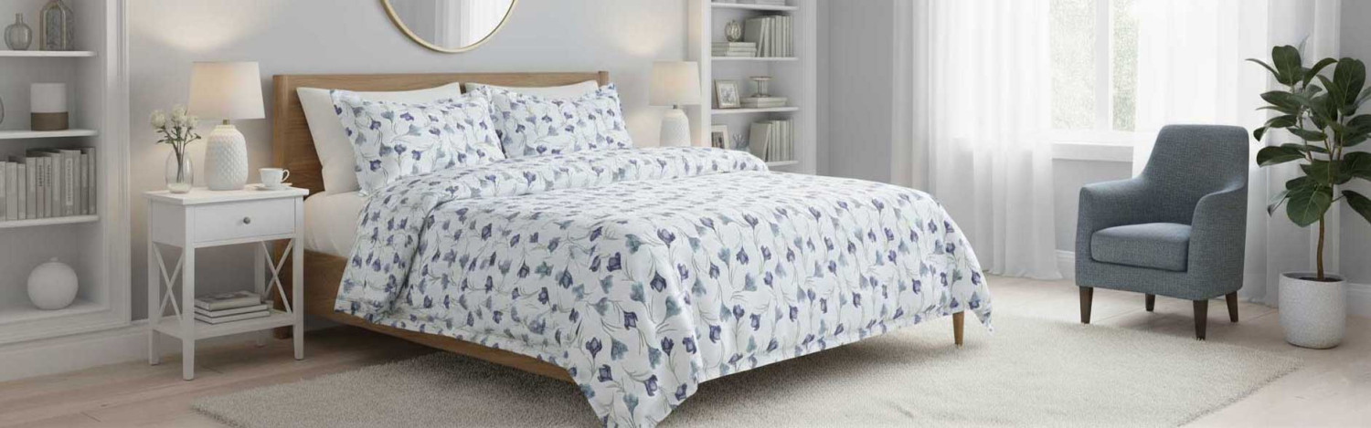 Bettgarnitur Duvet Satin Blau mit Lila Blume