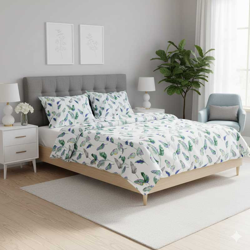 Bettgarnitur Duvet Satin Blau mit mehrfarbige Blatter